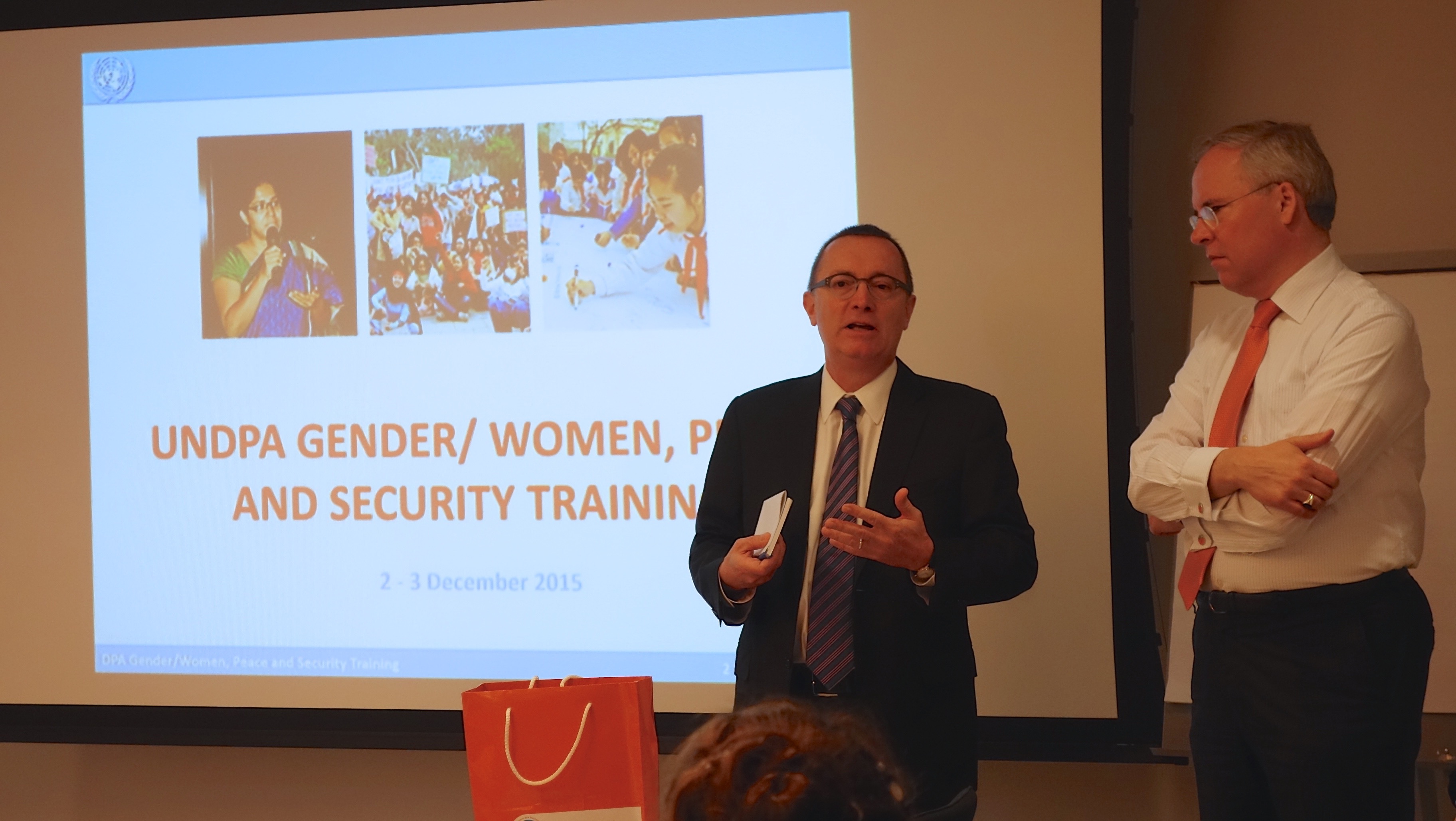 Under-Secretary-General Feltman welcoming participants to the DPA Gender/Women, Peace and Security staff training, hosted by Permanent Representative of the Netherlands Mr. Van Oosterom. Photo: UNDPA