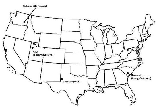 Locations of active LLW sites in the US.  Image from: https://www.nrc.gov/waste/llw-disposal/licensing/locations.html, last accessed 6/4/19.