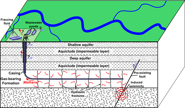 Diagram of possible fluid migration pathways and other environmental concerns with hydraulic fracturing. Source: Mike Norton, Wikimedia Commons. Retrieved from, http://www.geosociety.org/criticalissues/hydraulicFracturing/waterQuality.asp, last accessed 4/23/16.
