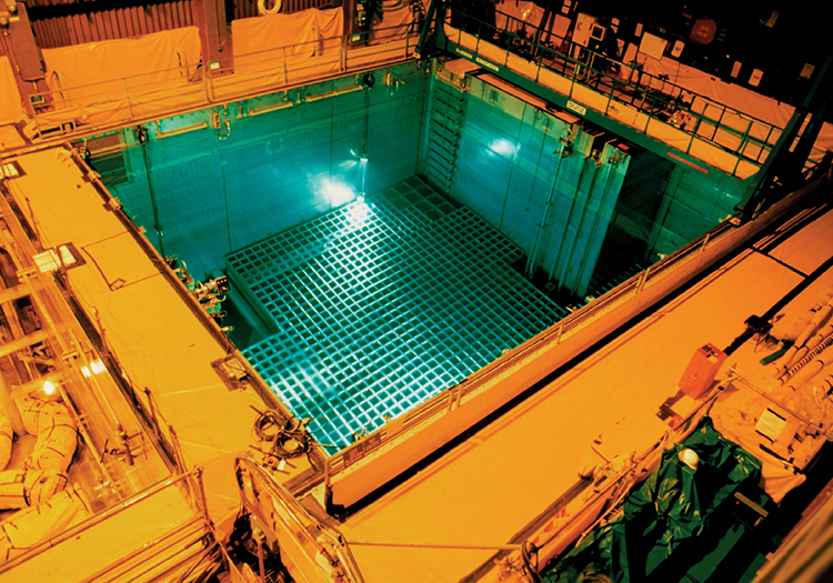Used fuel pools are typically 40 or more feet deep, with the bottom 14 ft equipped with storage racks designed to hold the used-fuel assemblies. The used fuel bundles’ temperature decrease significantly between 2 and 4 years, and less from 4 to 6 years. Source:  http://energy.sandia.gov/recent-sandia-international-used-nuclear-fuel-management-collaborations/, last accessed 5/3/16.