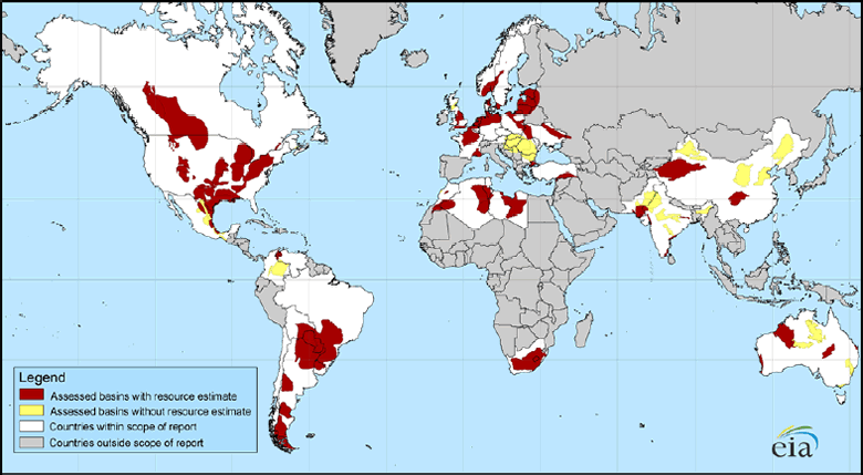 Map of basins with assessed shale oil and shale gas formations, as of May 2013. Image from: https://www.eia.gov/analysis/studies/worldshalegas/pdf/fullreport.pdf, last accessed 5/30/17.