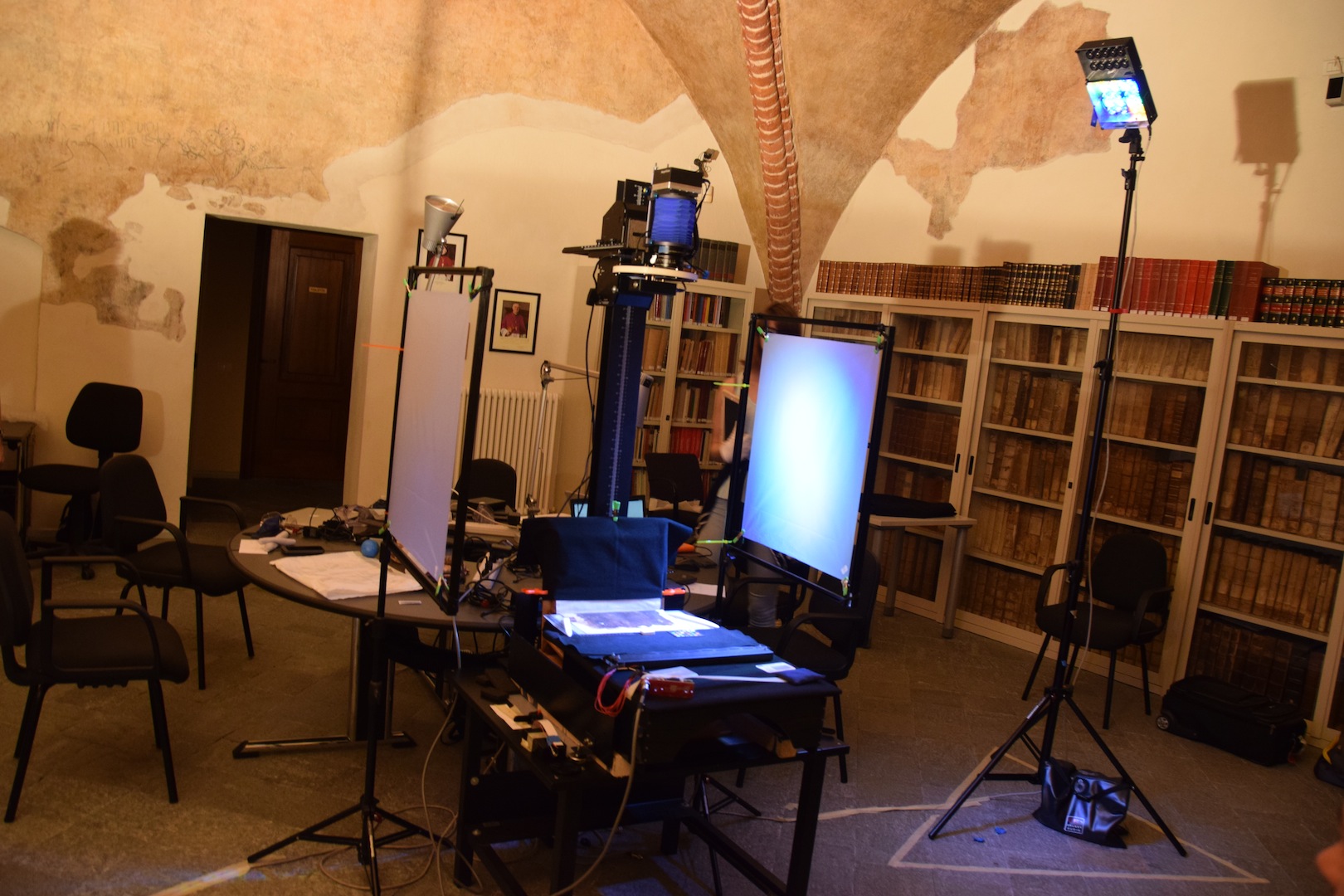 ON SITE: While imaging at the Archive and Capitulary Library in Vercelli, Italy, the team set up in an 11th-century tower.(University photos / The Lazarus Project)