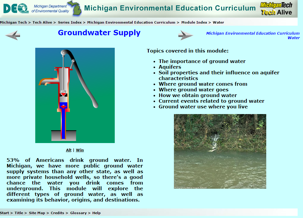 Starting page for the Tech Alive Groundwater Module (http://techalive.mtu.edu/meec/module06/title.htm).  Click the blue button to access the module.