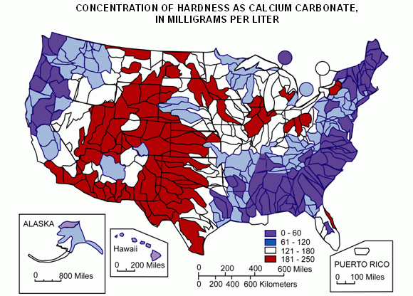 Mean hardness as calcium carbonate water-monitoring sites during the 1975 water year. Colors represent streamflow from the hydrologic-unit area. Map edited by USEPA, 2005. Modified from Briggs and others, 1977.Image from: https://water.usgs.gov/owq/hardness-alkalinity.html#map, last accessed 7/28/17.