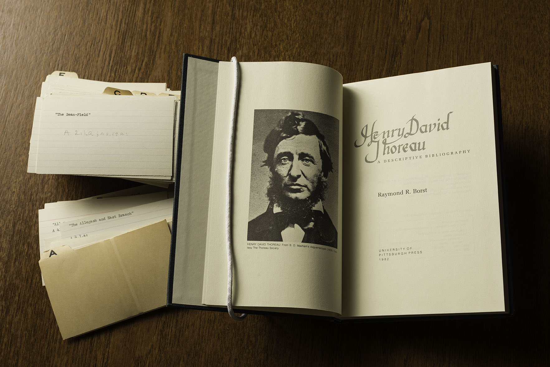 Borst’s first foray into scholarly work was Henry David Thoreau: A Descriptive Bibliography (University of Pittsburgh Press, 1982). Borst traveled to libraries in Europe and around the United States to produce this detailed catalogue of all of Thoreau’s publications, a resource still relied on by scholars and book dealers.  (Department of Rare Books & Special Collections / Photo by J. Adam Fenster)      