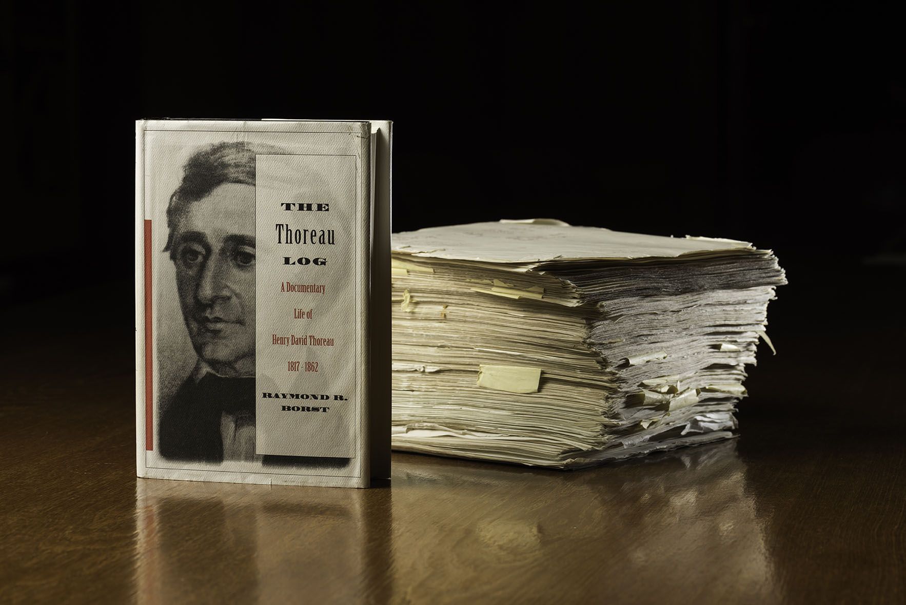 Borst compiled The Thoreau Log: A Documentary Life of Henry David Thoreau, 1817–1862 (G.K. Hall, 1992), an exacting work that pulls together journal entries, correspondence, newspaper articles, and even library records to give account of Thoreau’s life, day by day. Here, the edited typescript appears alongside the first edition of the published work. (Department of Rare Books & Special Collections / Photo by J. Adam Fenster)      