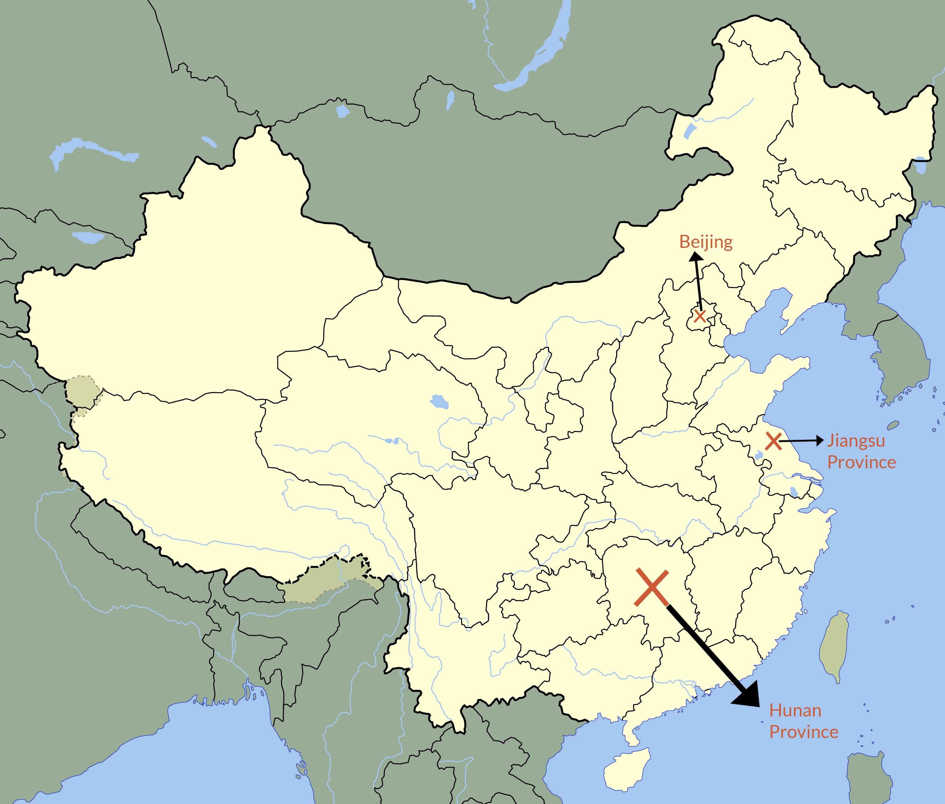 Map on the following page adapted from:  https://commons.wikimedia.org/wiki/File:China_blank_map.svg  