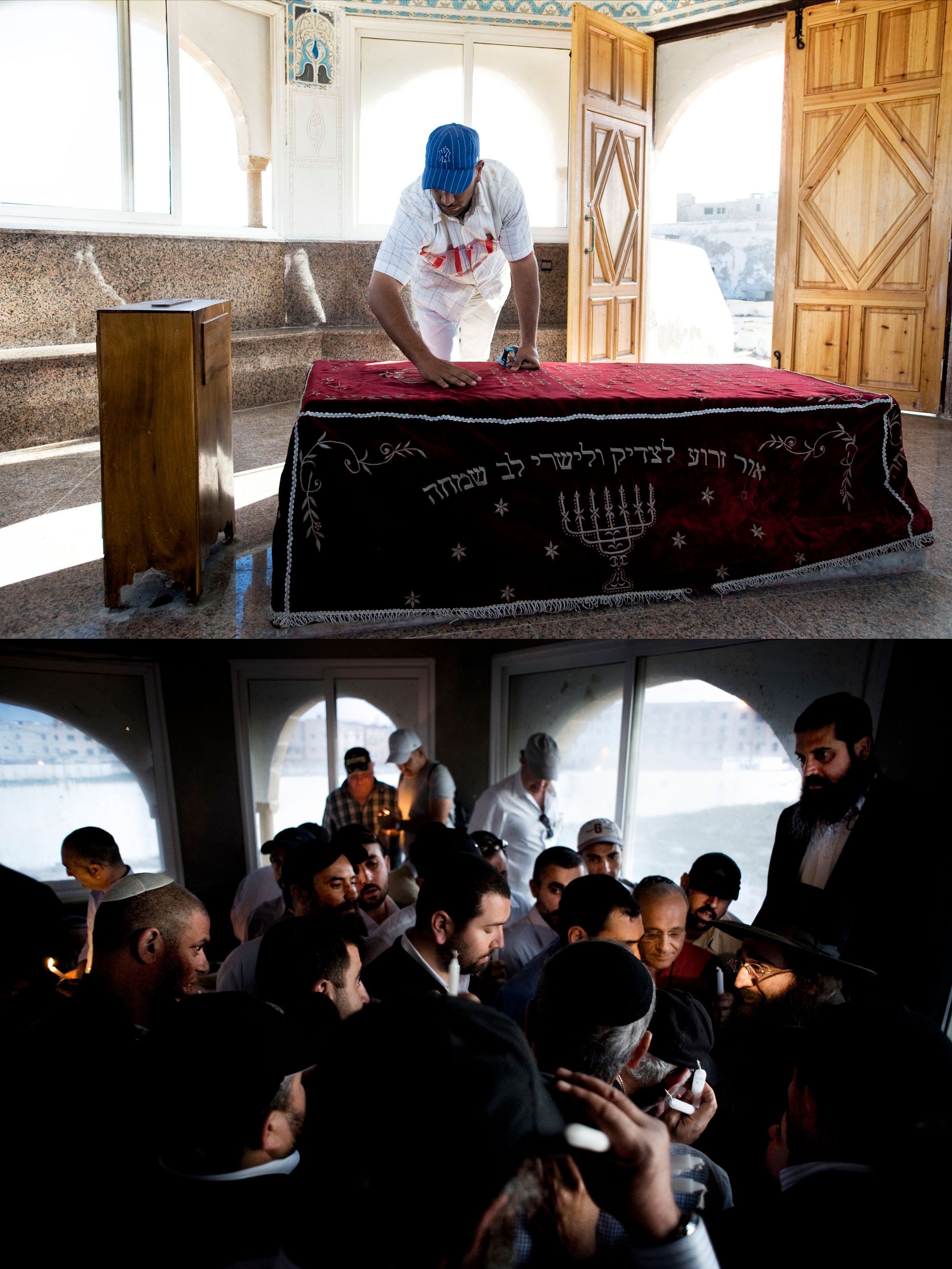 Top photo: Mouhssine Arouche tends to the tomb of the Jewish saint Rabbi Haim Pinto in the 400 year old cemetery of Essaouira. Arouche has been the guardian of the cemetery for 10 years. Before him, his grandfather was the guardian. Bottom photo: Rabbi Youseph Pinto, who lives in Israel, lights the candles of pilgrims visiting the tomb of his grandfather, Rabbi Haim Pinto. (Photos: Aaron Vincent Elkaim) 