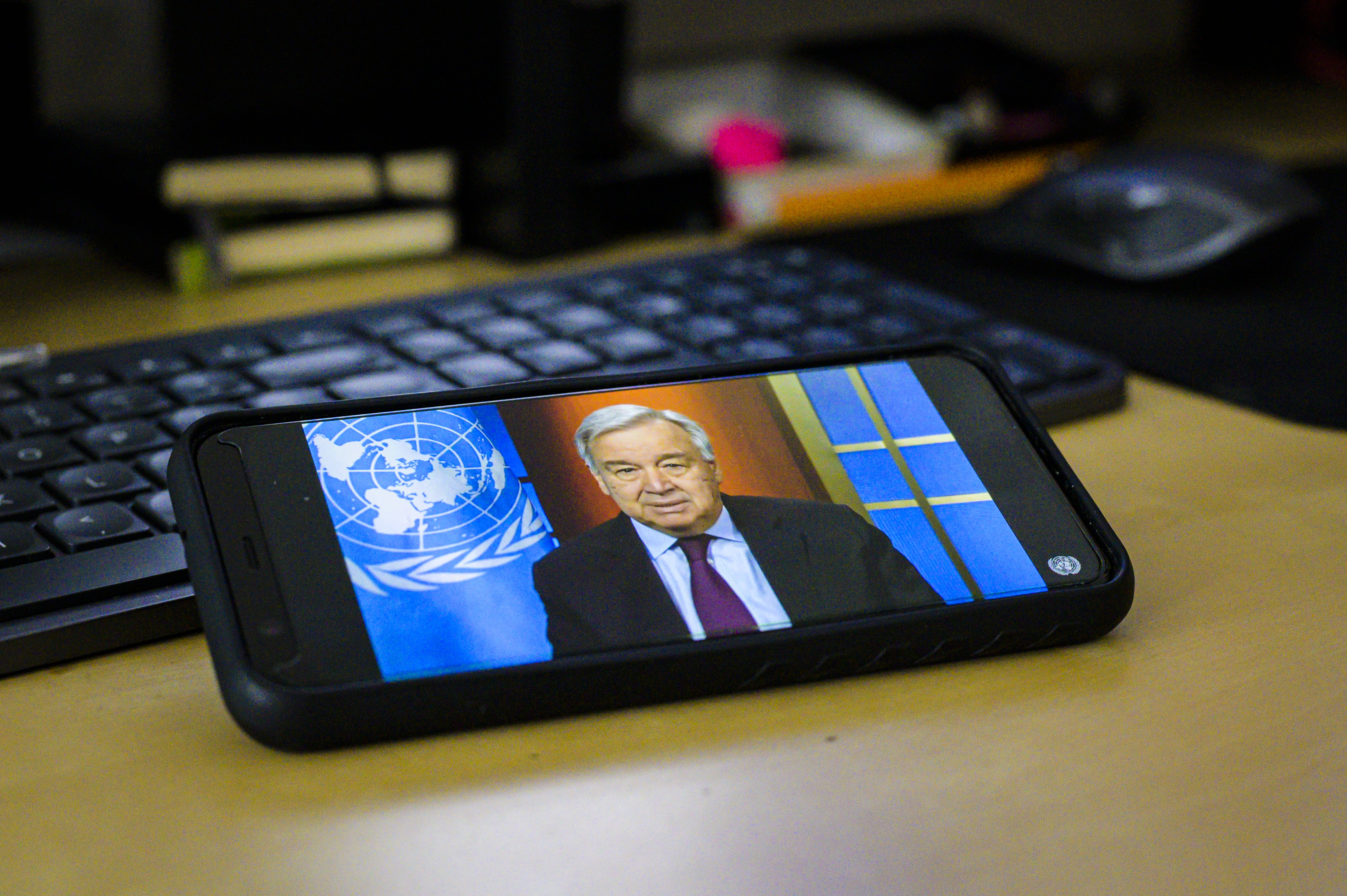 Secretary-General António Guterres holds a virtual press briefing on the ongoing global Coronavirus (COVID-19) outbreak.19 March 2020. UN Photo/Manuel Elias