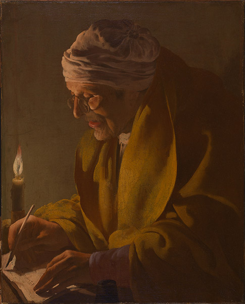 Foto Hendrick ter Brugghen Old Man Writing by Candlelight (Public Domain)