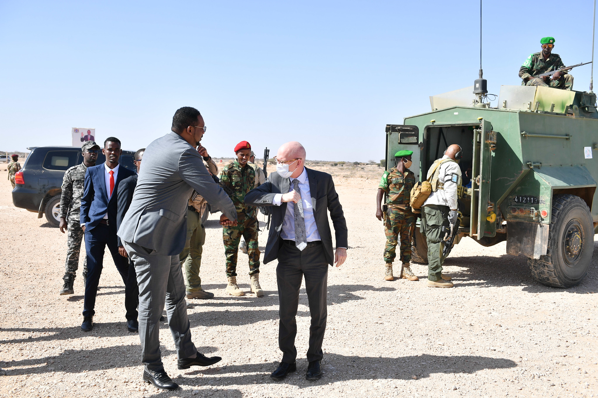 Galmudug’s Vice President Ali Dahir bids farewell to UN envoy to Somalia, James Swan, after his visit to Dhusamareb, on 24 January, 2021. Photo credit: UN Photo/Omar Abdisalan.